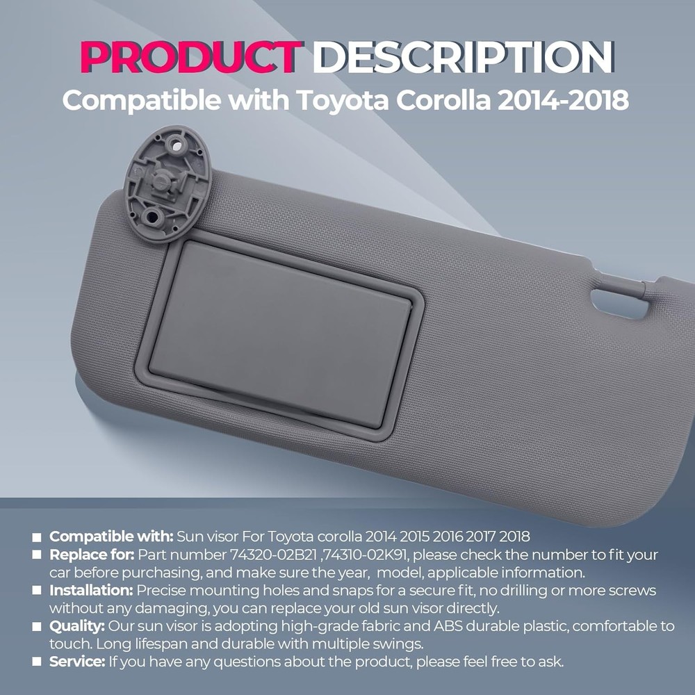 Left Driver & Right Passenger Side Sun Visor Compatible with Toyota Corolla 2014
