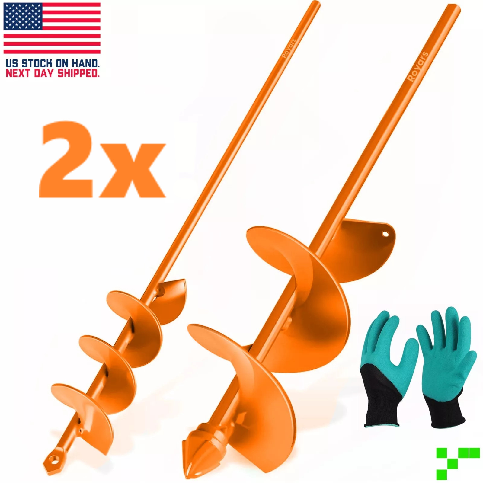 2x 2"+4" Garden Auger Drill Bit w/Gloves Ground Spiral Hole Digger Bulb Planting
