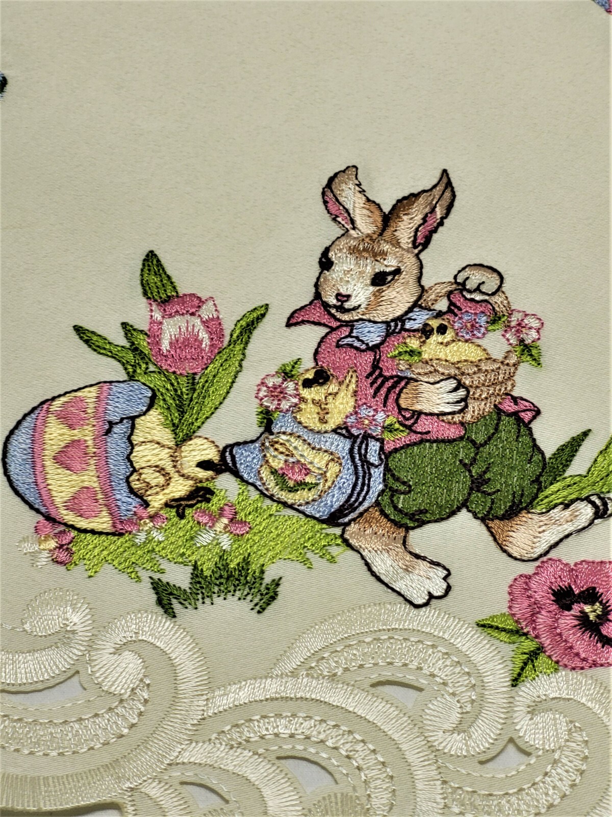 Doily Boutique Table Runner, Doily, Mantel Scarf with Easter Bunny on Ivory