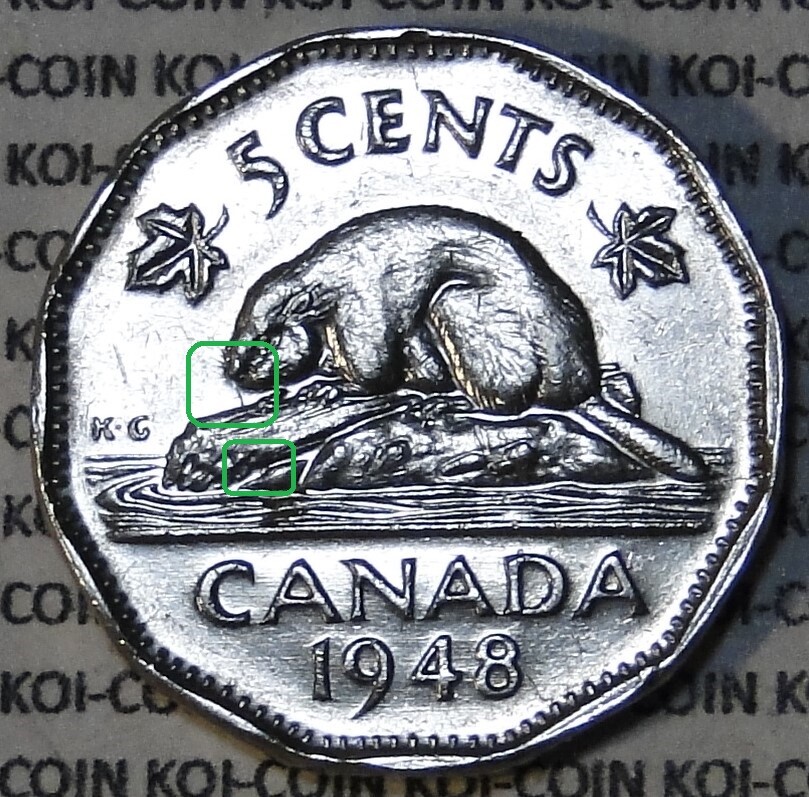 *DOUBLE ERROR*DIR CLASH+DIE CRACK*1948 Canada 5c nickel coin