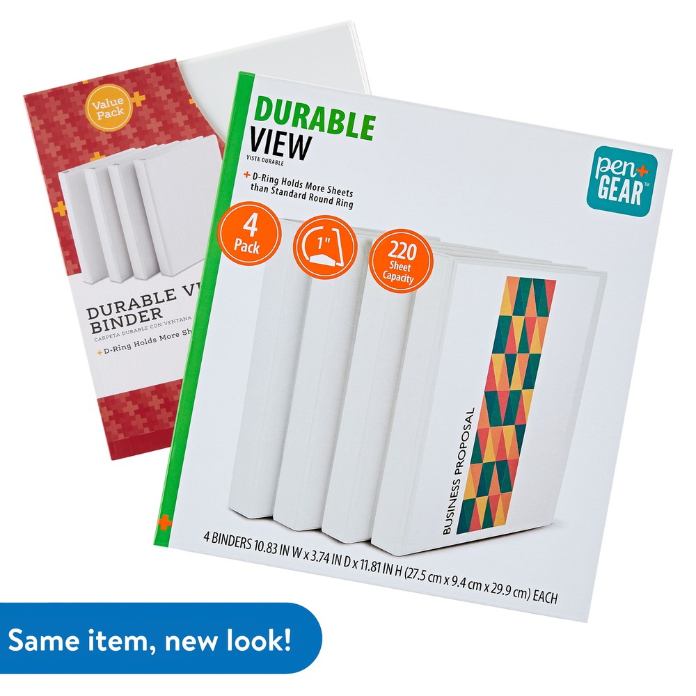 Pen+Gear Durable View 1" D-Ring Binder, White, 4 Count
