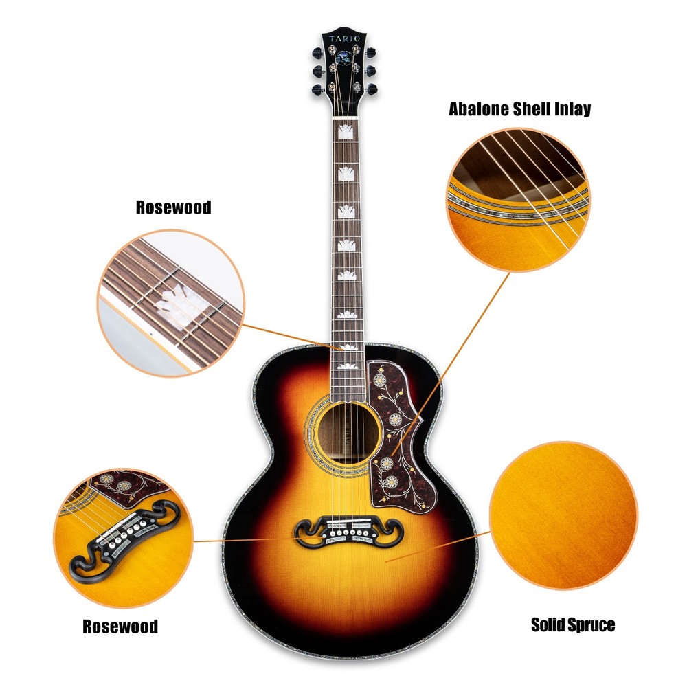 All Solid Wood Jumbo Acoustic Guitar 42", Solid Spruce Top & Solid Mahogany Back