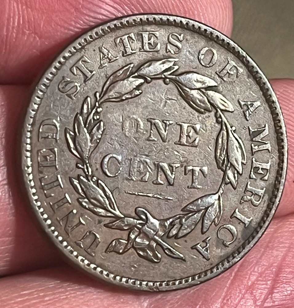 1837 large cent, plain cord, medium letters reverse, Die crack obverse. XF
