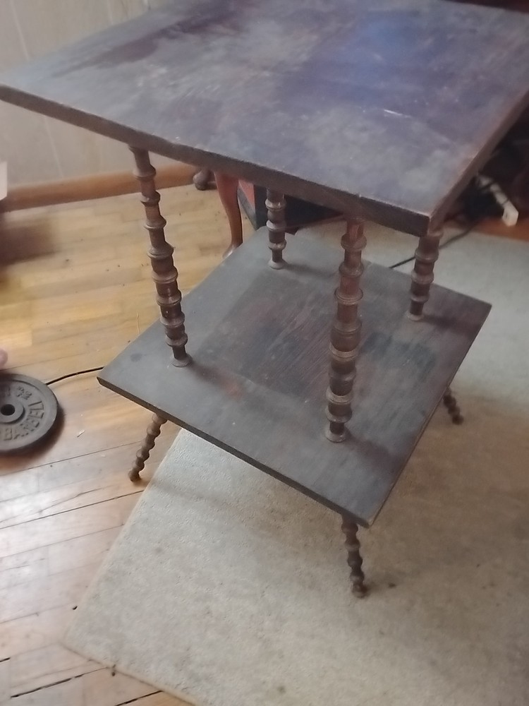 Vintage Antique Solid Oak Occasional Table With Thread Spool Legs