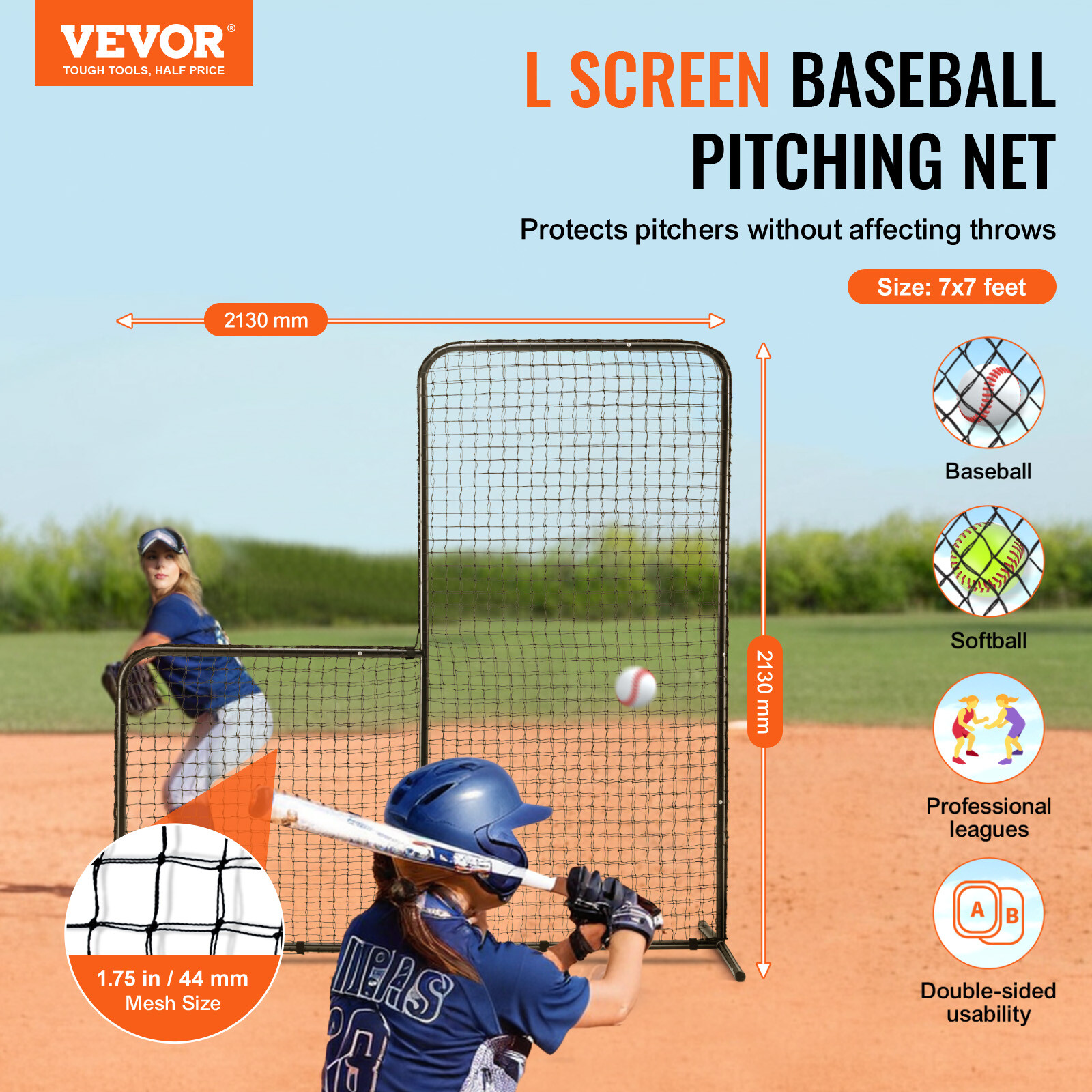 VEVOR L Screen Baseball Pitching Net for Batting Cage Softball Screen 7x7ft