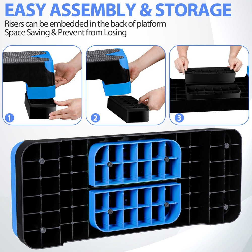 Aerobic Step Platform Exercise Step Adjustable Height 4"-6''-8' w/4 Risers Blue