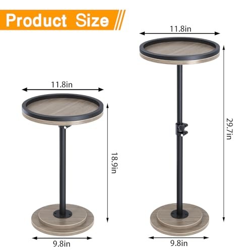 Small Side Table, Drink Table, Height Adjustable Round End Table, Pedestal Grey