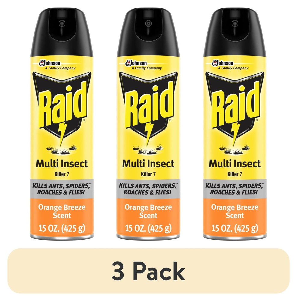 3 pack) Raid Multi Insect Killer 7, Bug Killer Spray, Orange Breeze Scent, 15 oz