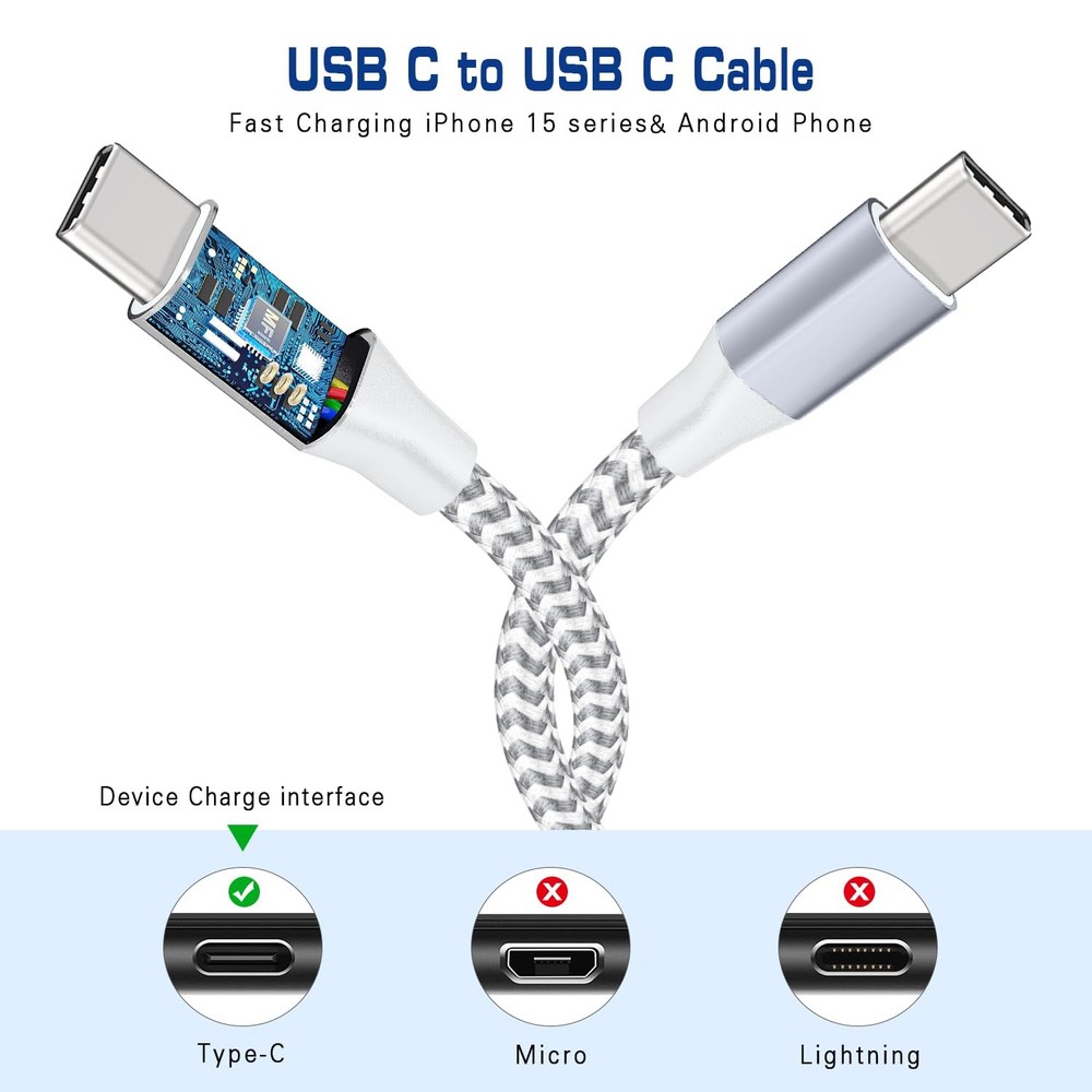 USB C to C Cable, (1FT,2-Pack) Braided Short usbc 2pack-1ft, Silver