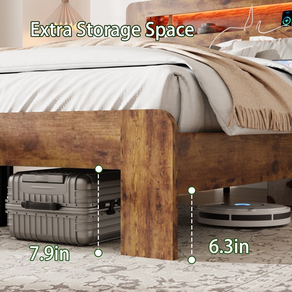 Bed Frame King Size, Wood Platform Bed Frame with Storage LED Light Headboard