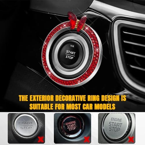 2PCS Bling Car Engine Start Stop Decoration Ring, Push to Start Button Red+Red