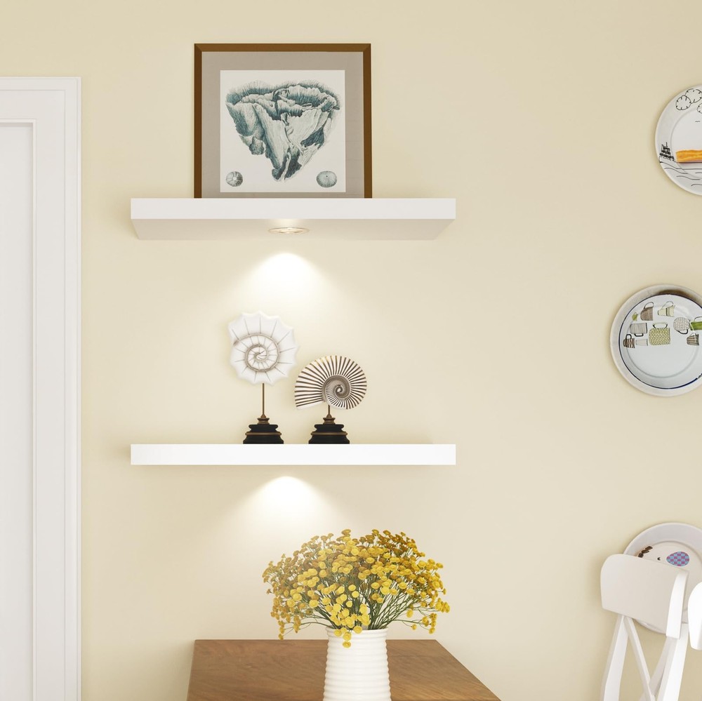 White Floating Shelf with Touch-Sensing Battery Powered LED Light,Wall Mounte...