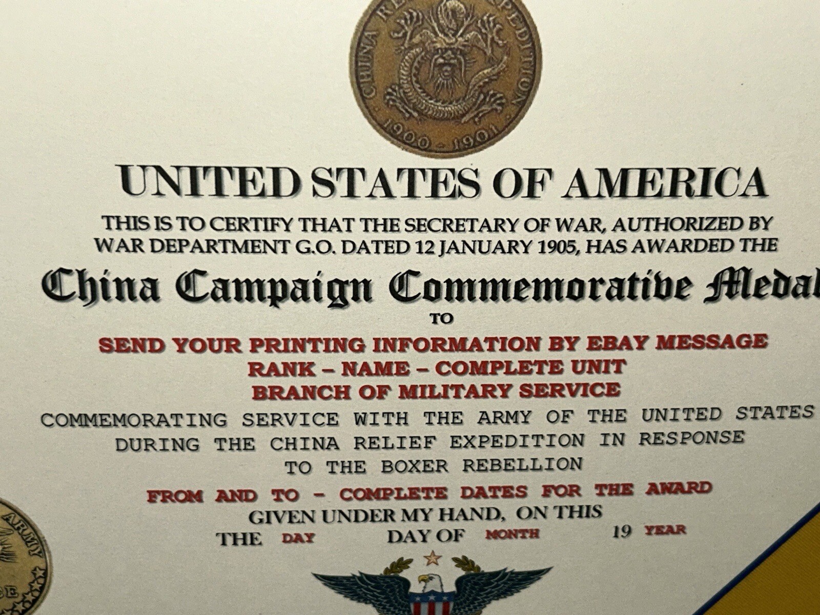 CHINA CAMPAIGN (ARMY) COMMEMORATIVE MEDAL CERTIFICATE ~ W/PRINTING TYPE-1