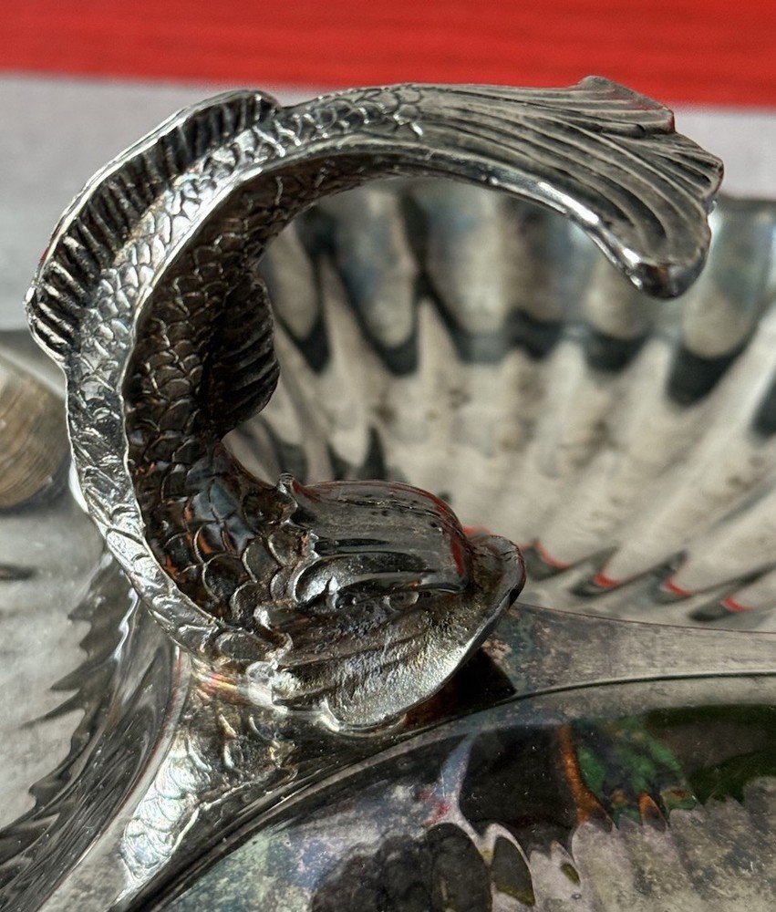 Silver Plated Three Scallop Shell Shaped Serving Dish Center Dolphin Handle
