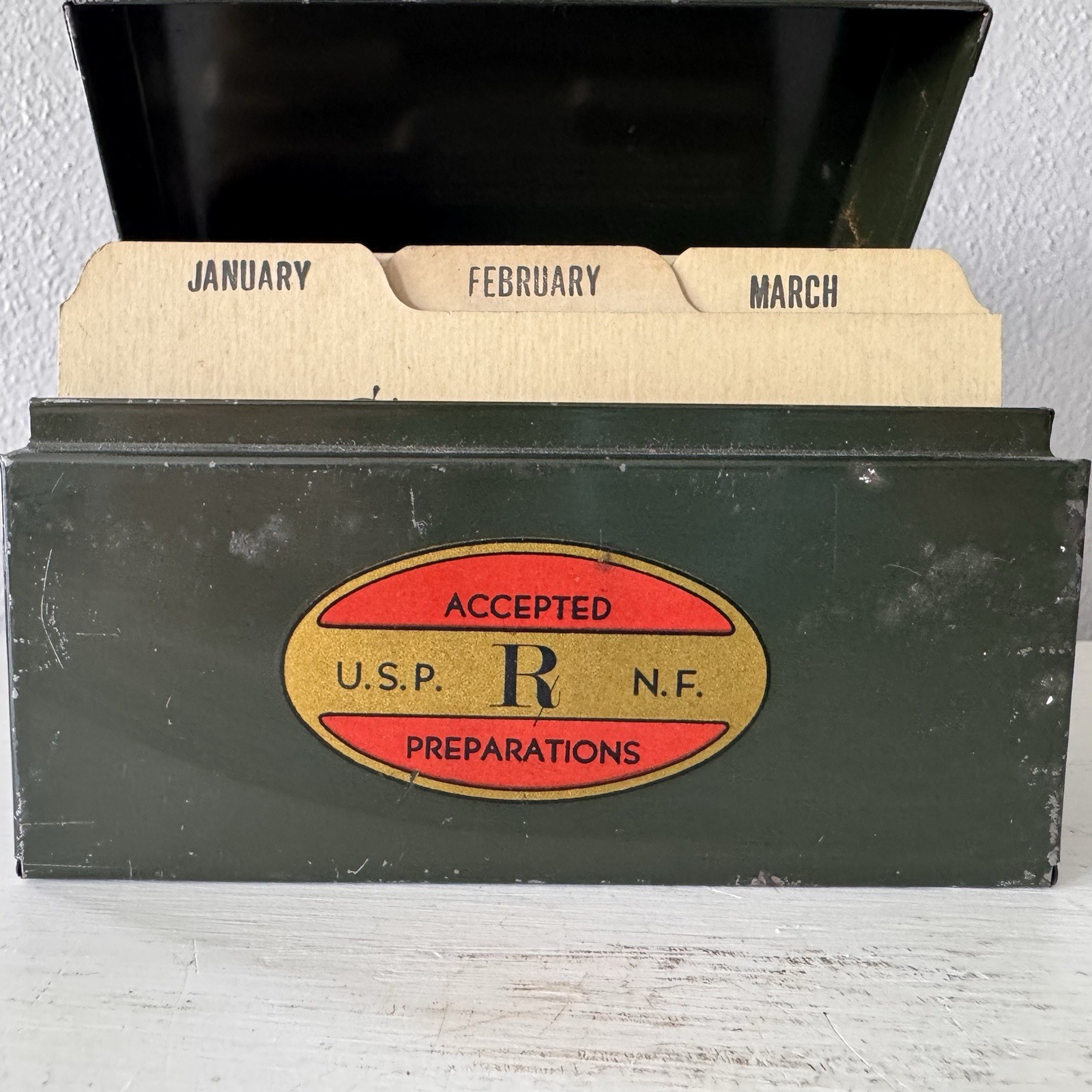 Vintage Green Metal Card File Box U.S.P. R. N.F. Accepted Preparations W Cards