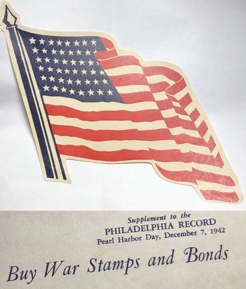 ORIGINAL WW2 48 Star USA Flag ? Decal ? Buy War Stamps And Bonds 9” X 8”
