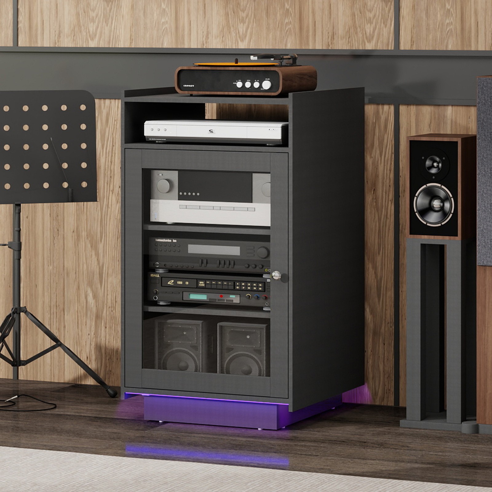 5-Tier Media Cabinet with LED Lights, Tempered Glass Door, Black AV Stand