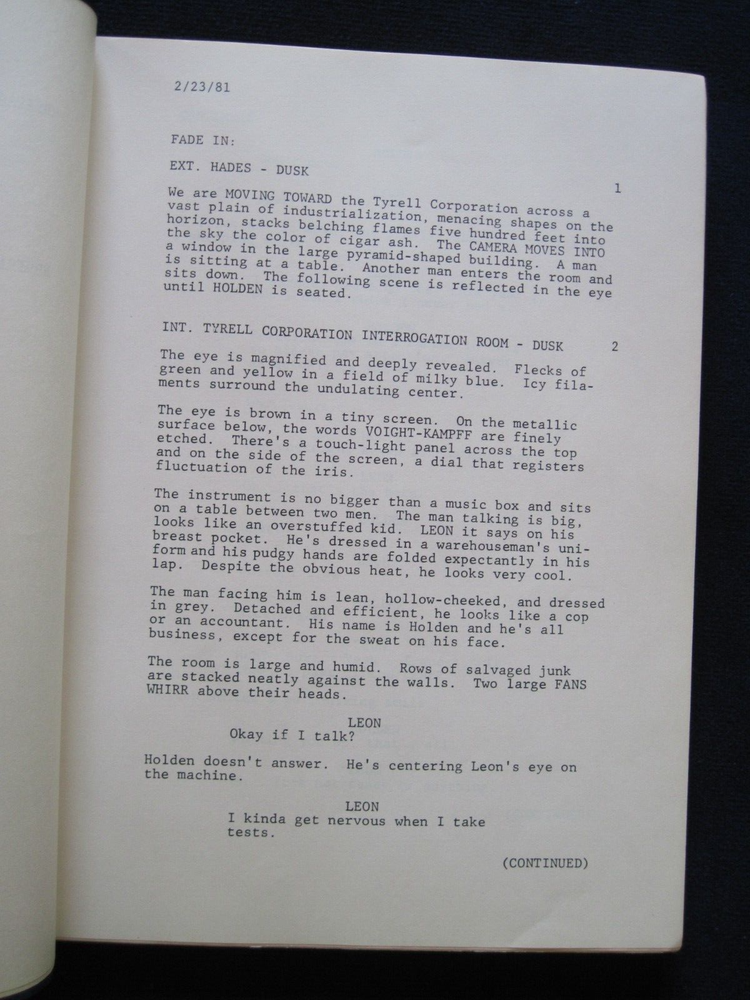 ORIGINAL BLADE RUNNER SCRIPT - BASED ON PHILIP K DICK'S NOVEL, DIR. RIDLEY SCOTT