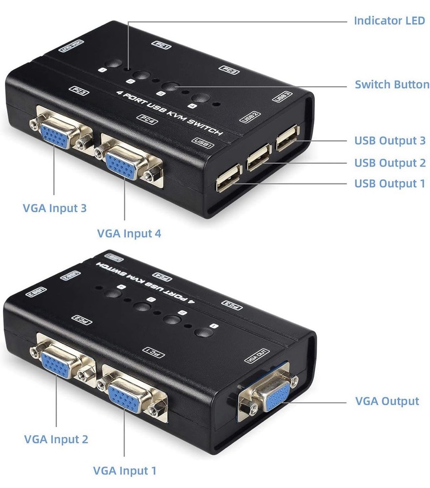 USB VGA KVM Switch with 4 Cables, 4 Port Selector Switcher for 4PC