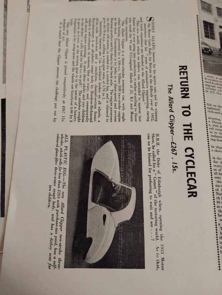 Sk263 Ephemera 1954 Article Allard Clipper Cyclecar