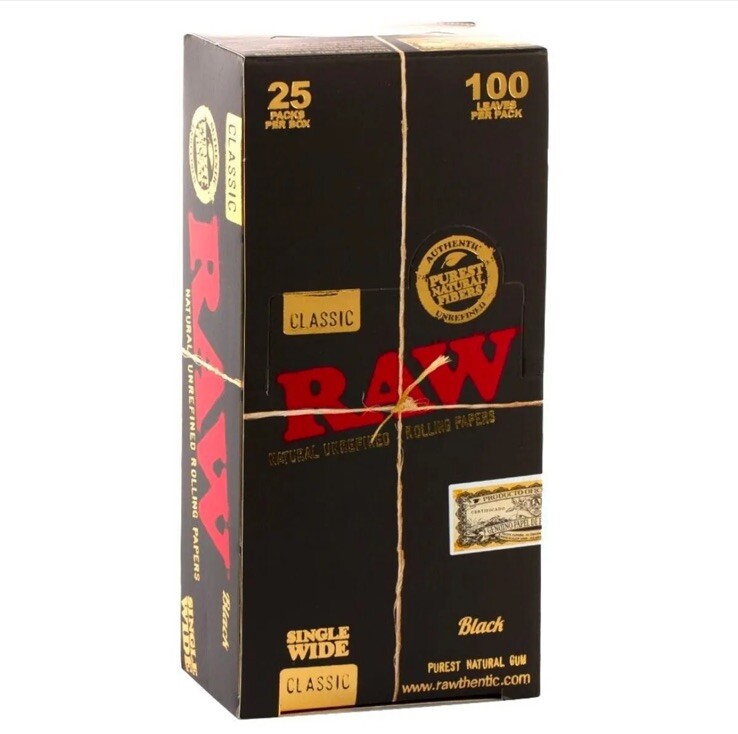 😎 🍃 25 x RAW CLASSIC BLACK SINGLE WIDE ROLLING PAPERS FULL BOX AUTHENTIC 🍃😎