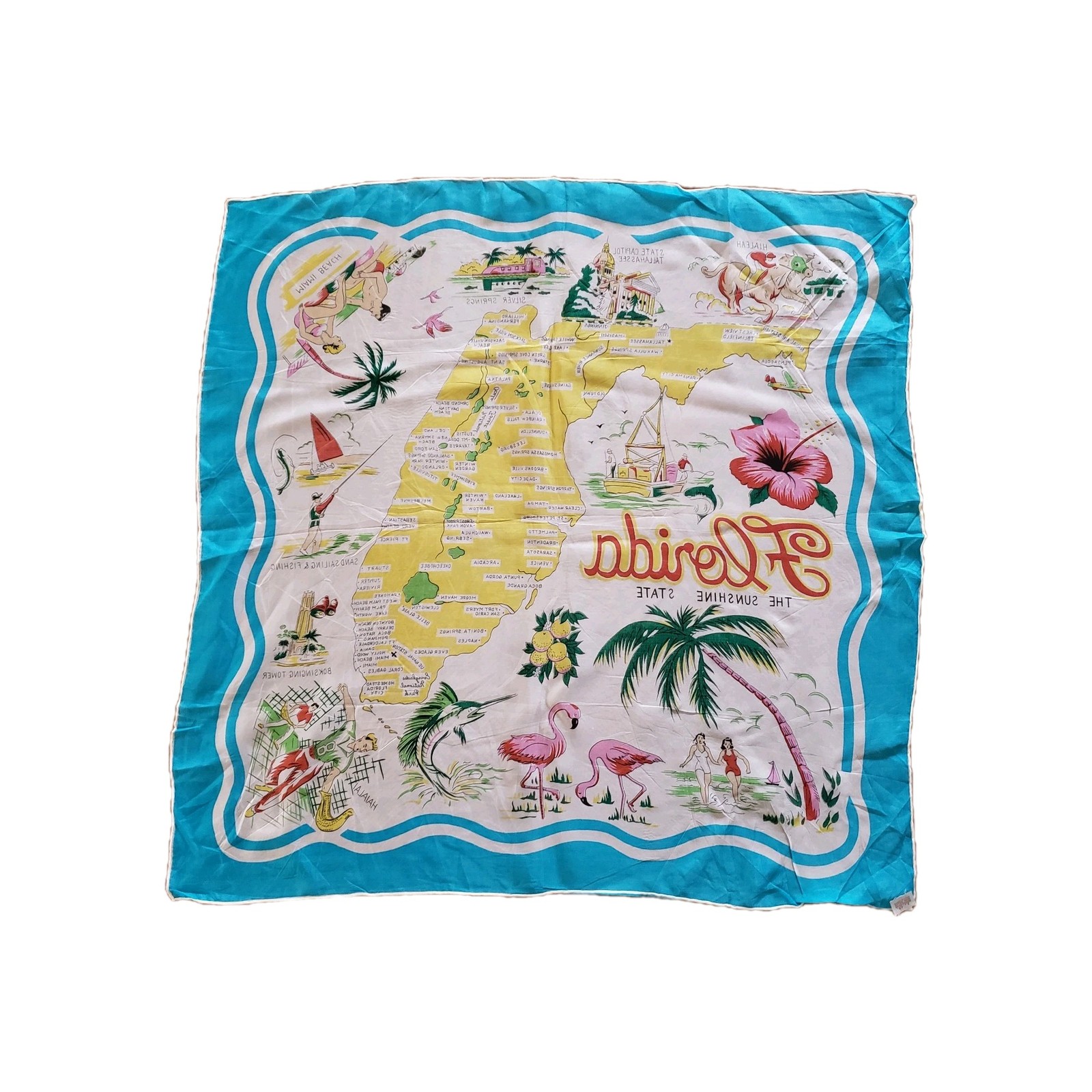 Vintage MCM Florida Map Scarf Rayon Turquoise Blue Hand Rolled Japan 30"X30"