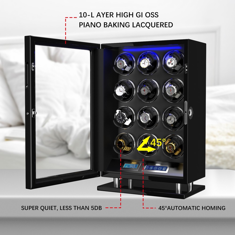 Automatic 12 Watch Winder LED LCD Touch Screen Display Storage Case Box Gift
