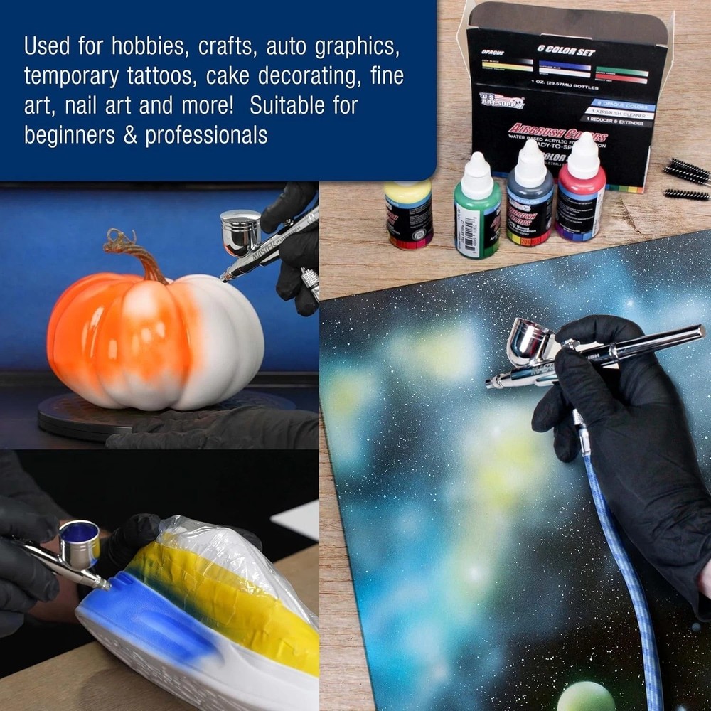 Versatile Airbrush Set with Compressor, 6 Acrylic Colors & User-Friendly Guide
