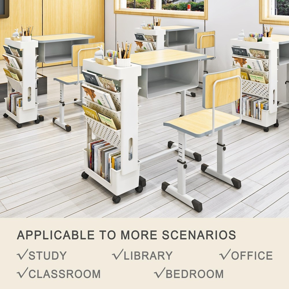 5tier Mobile Bookshelf Rolling Bookcase Book Storage Rack Movable File Folder Or