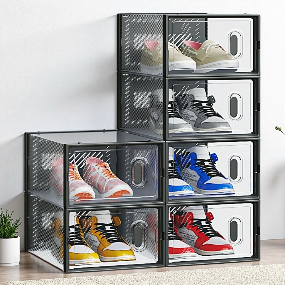 6-Pack Shoe Storage Boxes - Stackable, Plastic Mesh, Door, Black & Small Size
