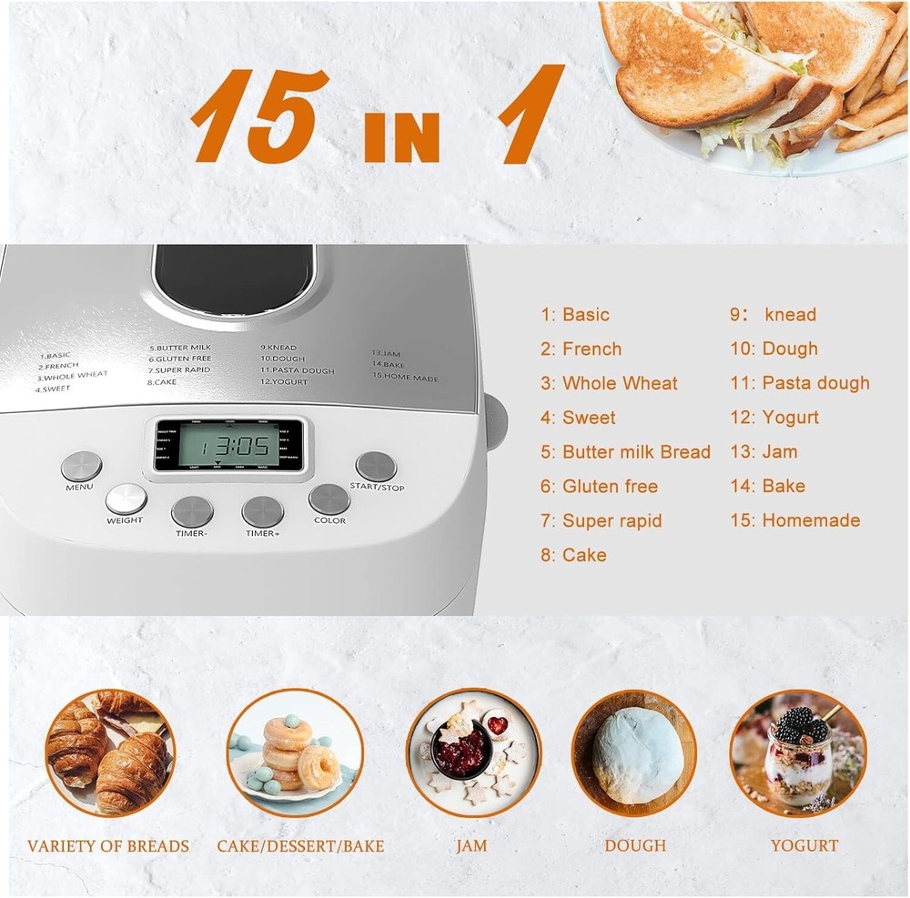 3.3LBS 15-in-1 Bread Maker Automatic Compact Dough Machine Nonstick White