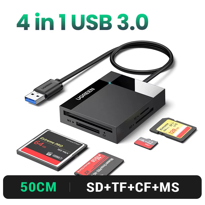 Card Reader 4-In-1 USB3.0/USB-C SD Micro SD TF CF MS Compact Flash Card Adapter