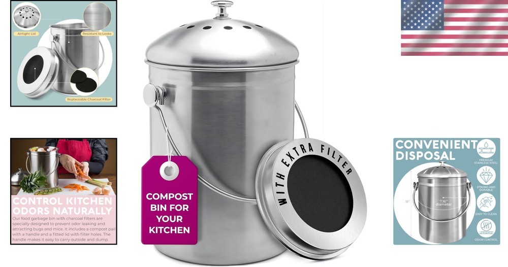 Sleek Stainless Steel Kitchen Compost Bin - Effective Odor Control & Easy Clean
