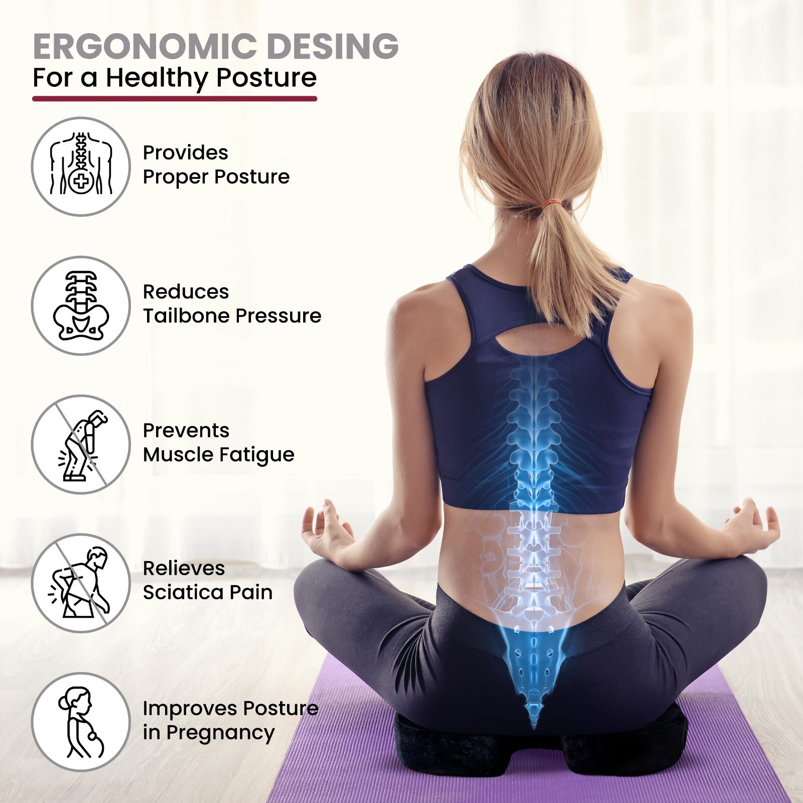 Seat Cushion, Memory Foam Chair Pad Cushion for Back Tailbone Pain Relief Black