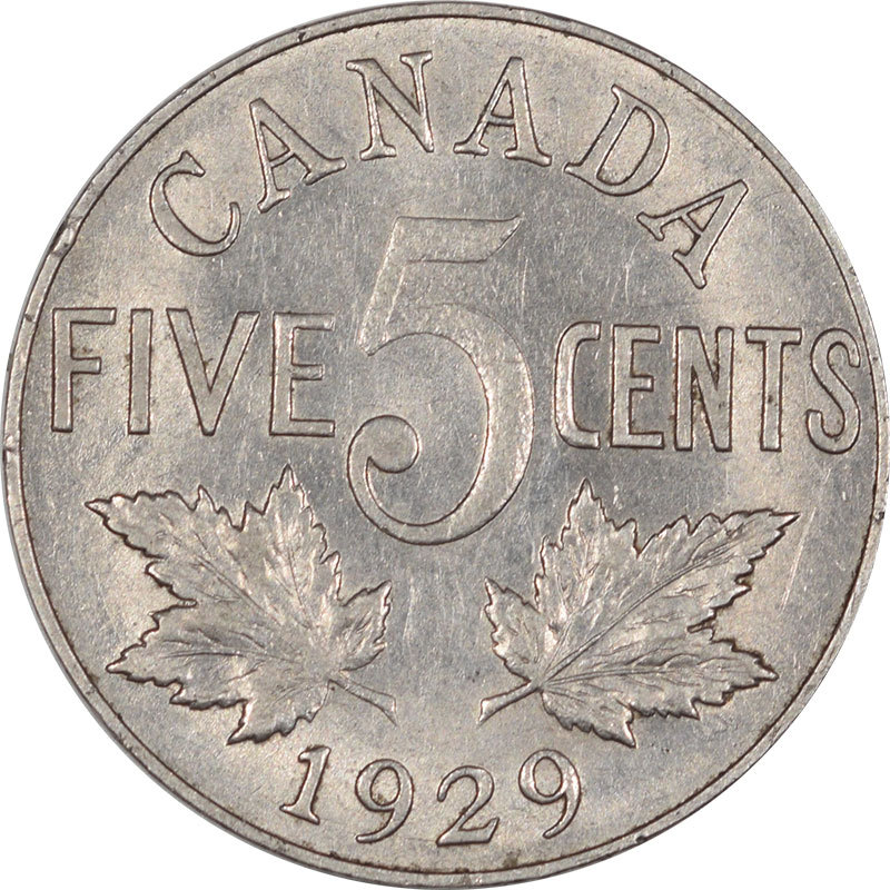 1929 CANADA FIVE CENTS KM #29 AU/UNC