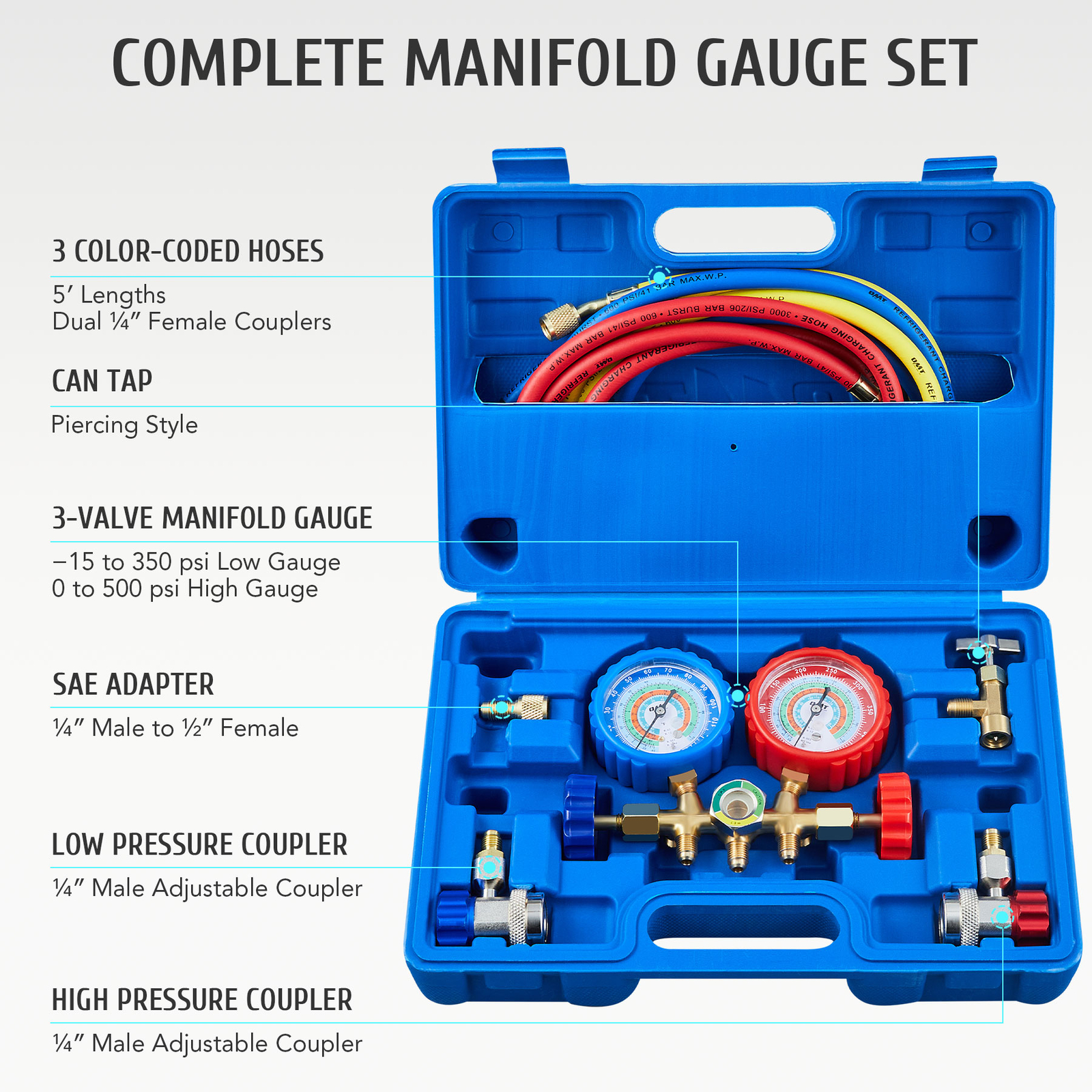 OMT 3 Way Manifold Gauge Set A/C Air Refrigeration Kit for R12 R22 R502 R134a
