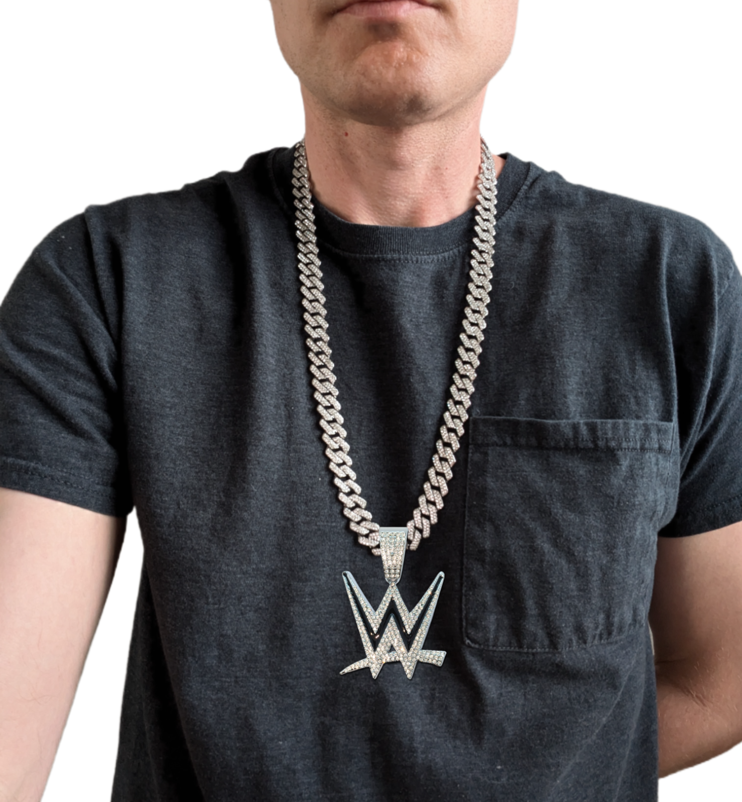 WWE GEM NECKLACE Silver Bling Pro-Wrestling Logo Hip Hop Pendant & 28" Chain
