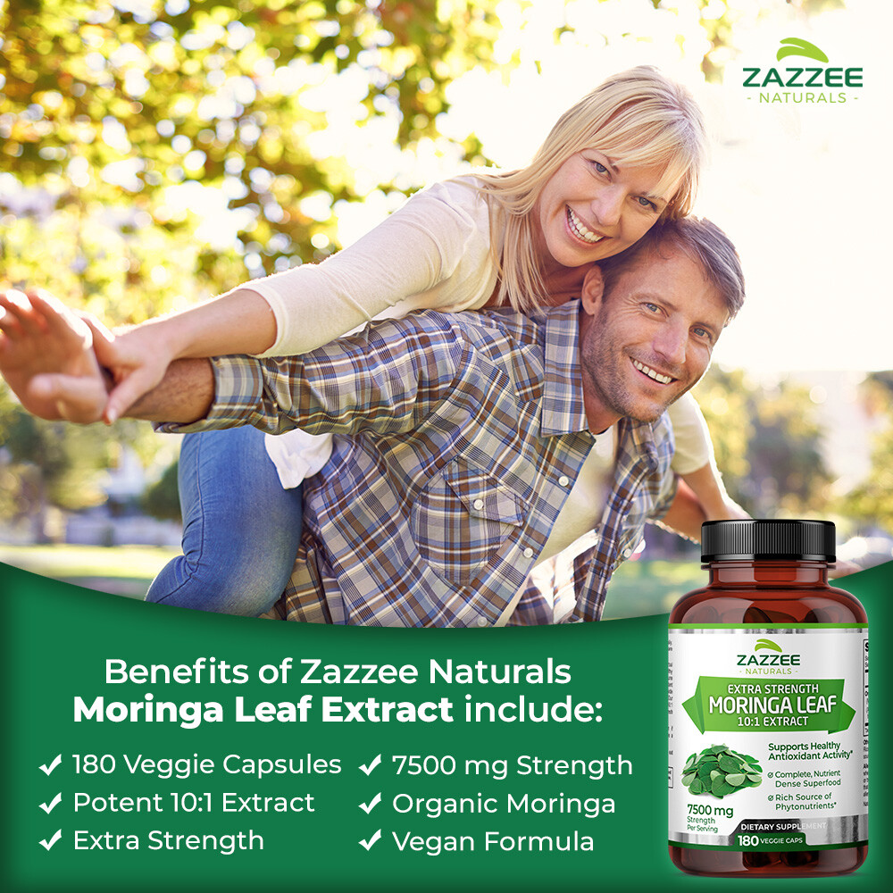 Zazzee Organic Moringa Extract 180 Capsules 7500 mg Strength 10:1 Antioxidant