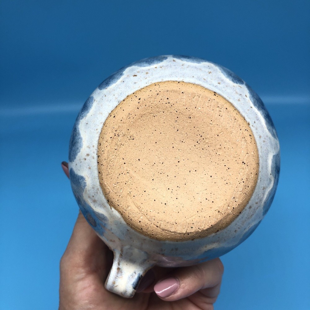 Studio Art Pottery Blue White Glaze Short Pitcher Butterfly Pattern