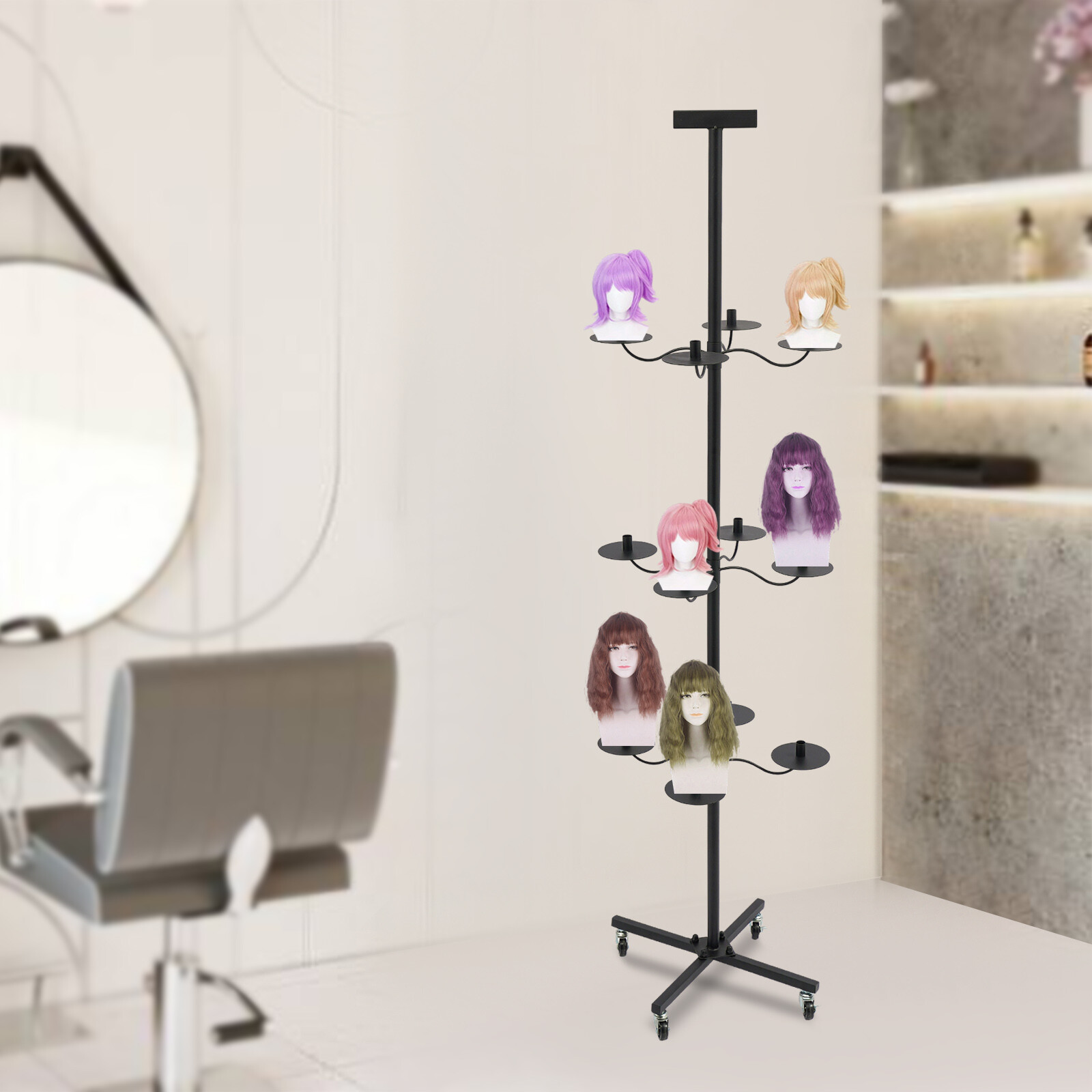 Wig Display&Storage Rack For 12-head Wig Stand W/wheel Styling Wig Storage Black