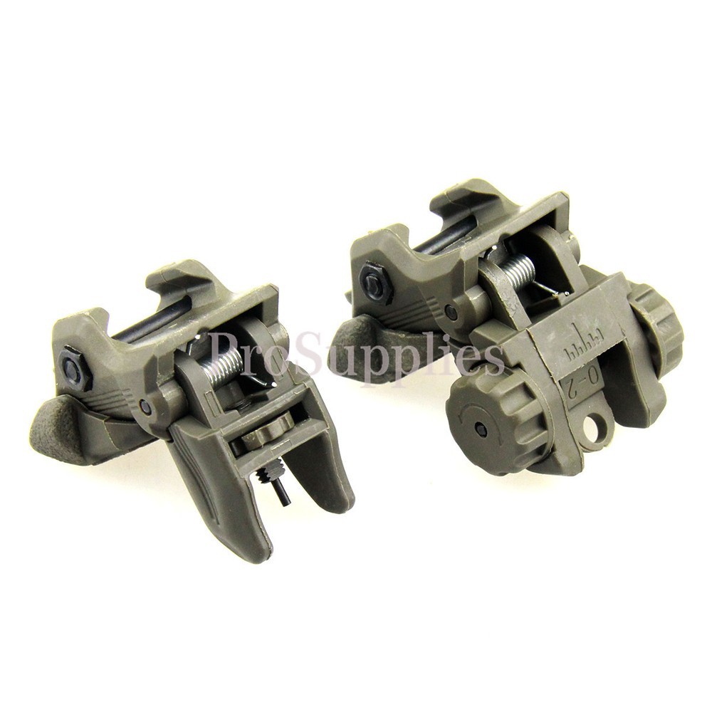 OD Green Polymer Flip Up Folding Auto Deploy Front & Rear BUIS Back Up Sight Set