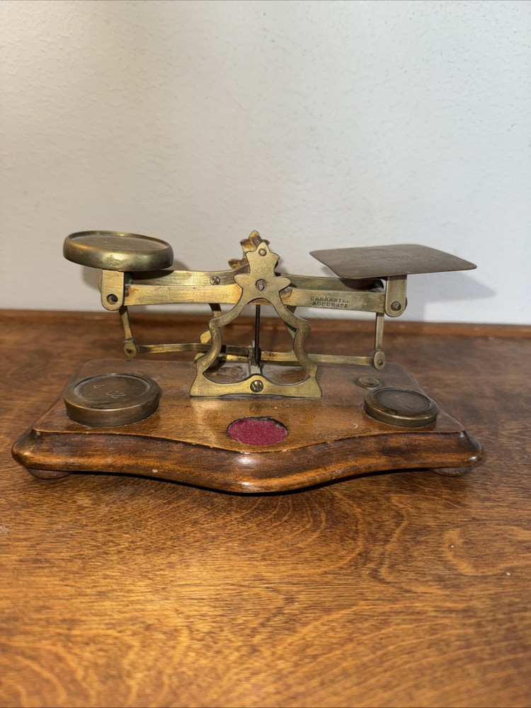 Antique Brass Wood Desktop Postage Scale With 2 Weights