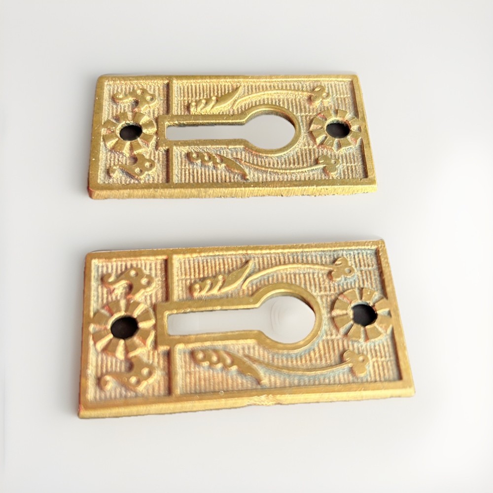 Antique 5" Solid Brass Steeple Tip Hinges (3) & Escutcheons (2) Reclaimed