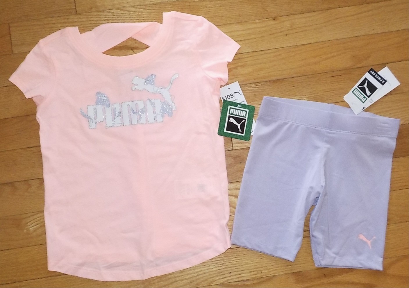Puma Girls Shorts Shirt Set Purple Biker Shorts Peach Top Sparkle Logo 5 NWT