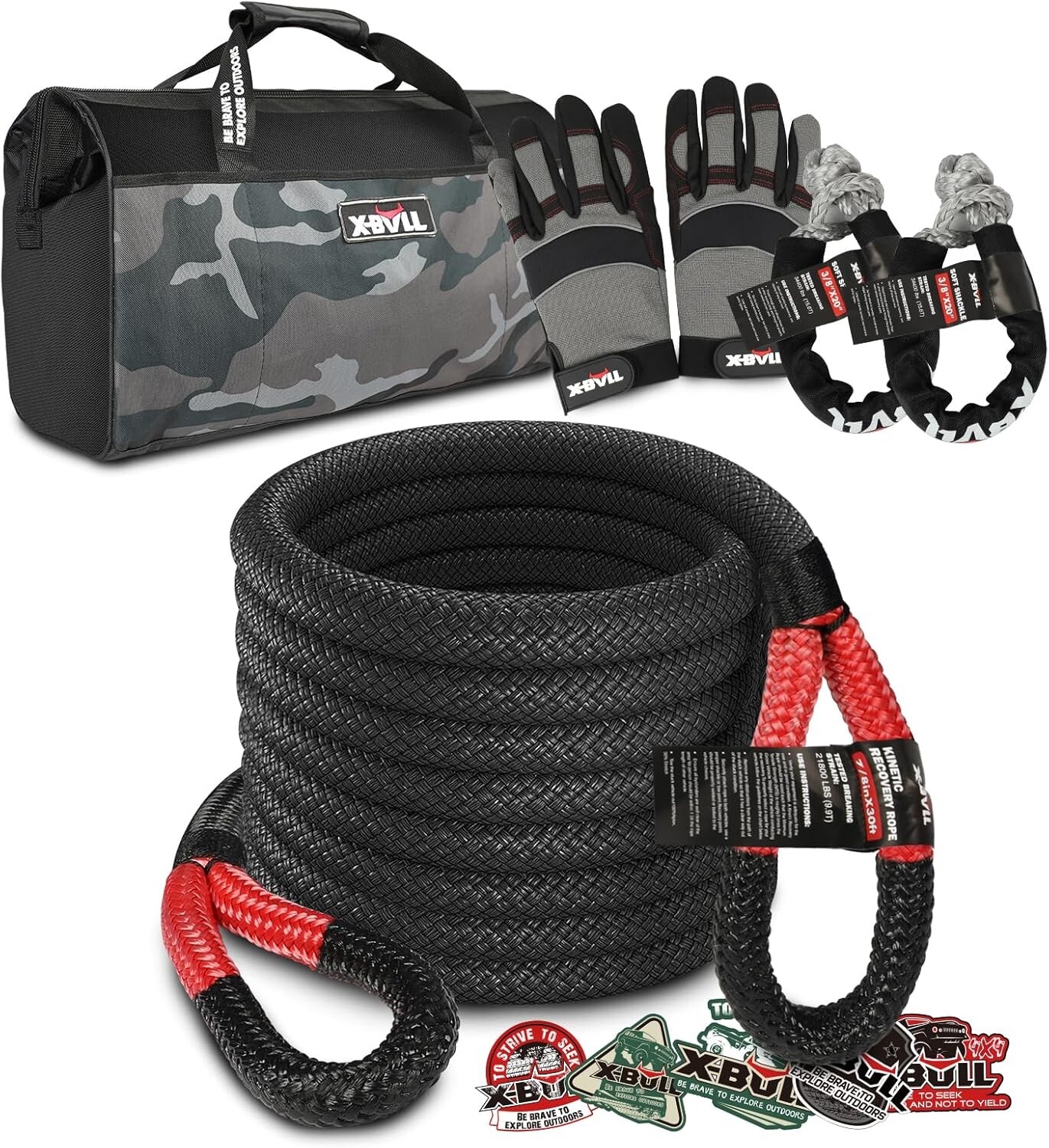 X-BULL Kinetic Rope Recovery Kit 30ft rope Soft Shackles Heavy Gloves 4WD Car