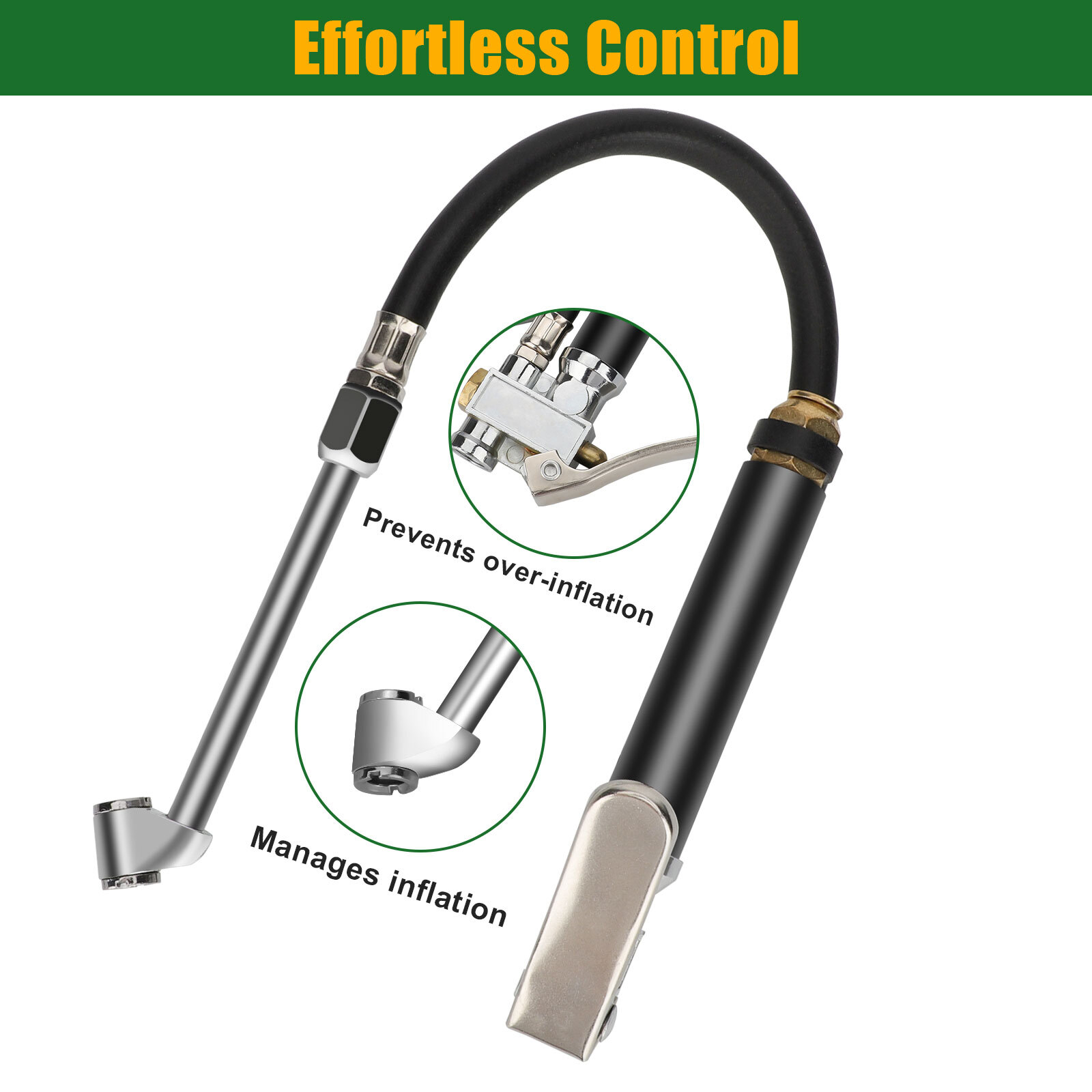 Air Tire Inflator With Pressure Gauge Dual Head Chuck 12" Compressor Rubber Hose