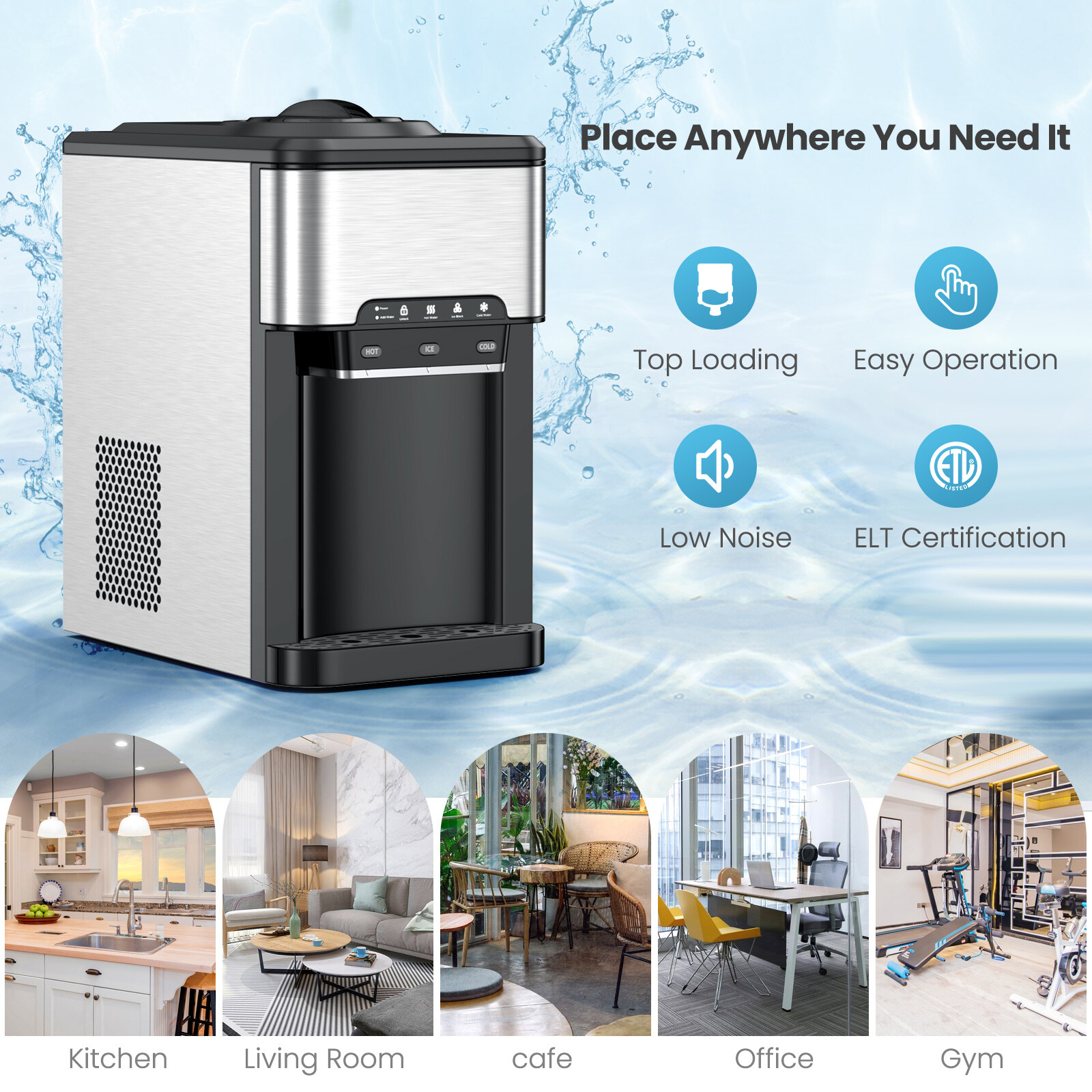 3-in-1 Water Cooler Dispenser with Built-in Ice Maker w/ 3 Temperature Settings