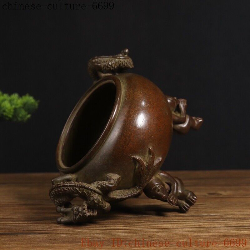8" Chinese bronze Chinese Zodiac animal dragon loong incense burner censer