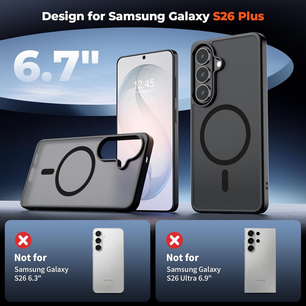 Magnetic Samsung Galaxy S26 Plus Case with Screen Protector, Slim Shockproof Bla