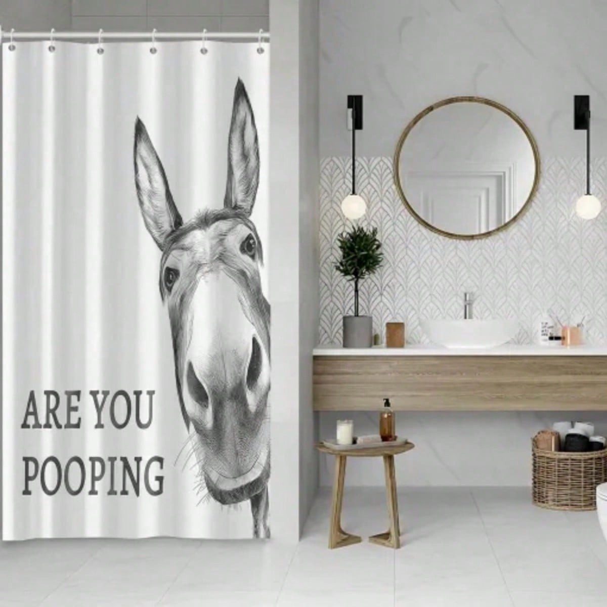 Funny Donkey Shower Curtain - 'are You Pooping?' Design, Humorous Bathroom Decor